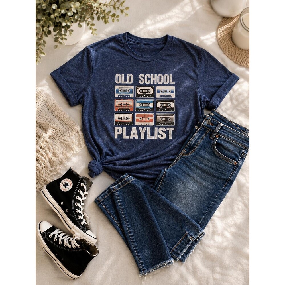 Vintage Old School Playlist Graphic Tee – Size Medium – Retro Cassette Tape Shir